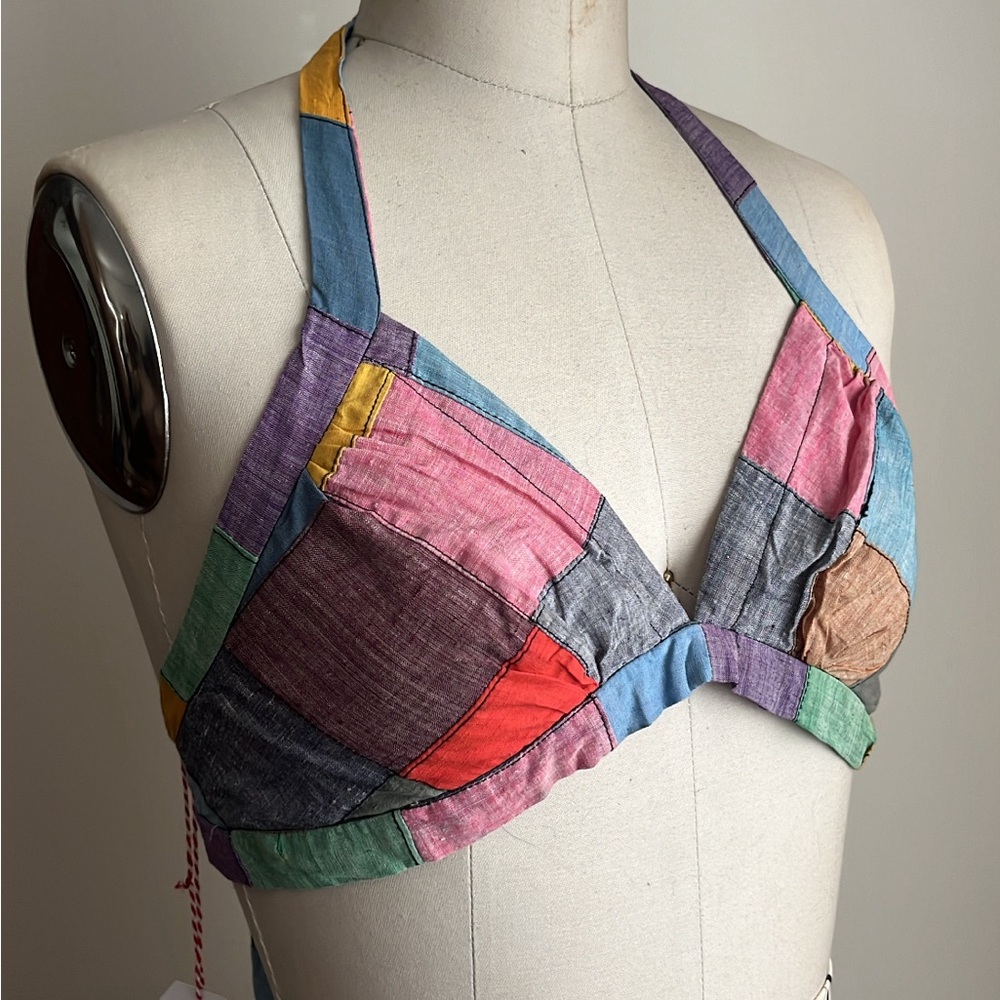 60s/70s handmade patchwork plaid halter crop bra top